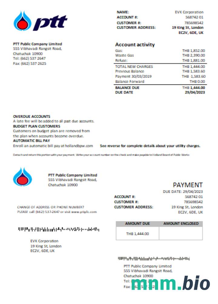 PTT gas rachunek za usługi komunalne